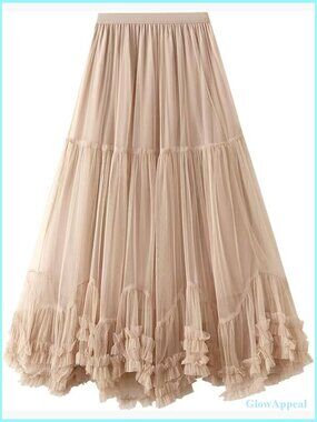 Tulle Maxi Skirt Women Elastic High Waisted A-Line Layered Tutu Flowy Fairy